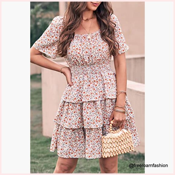 Floral Square Neck Tiered Ruffle Boho Swing Dress Short Sleeve Summer - Picture 2 of 7